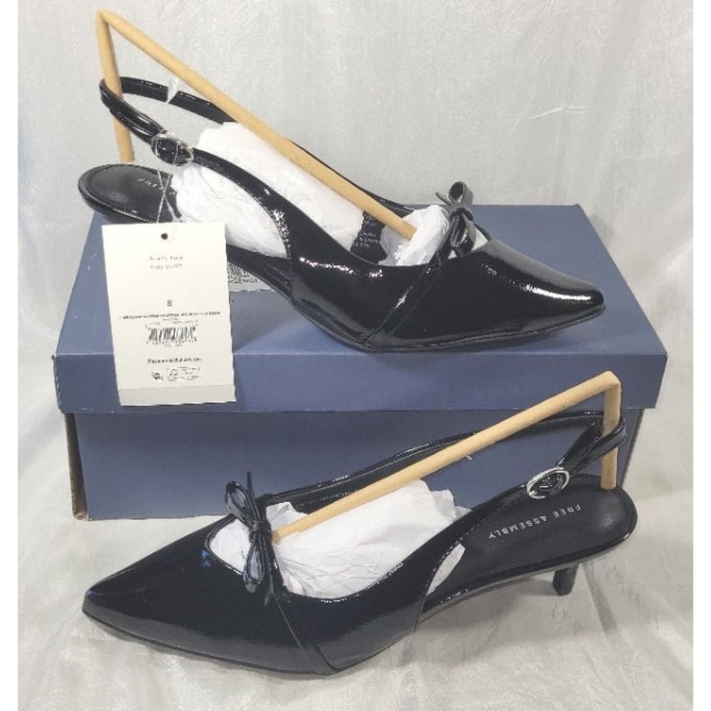 Free Assembly Kitten Heel Patent Leather Dress Shoes w/ Bow - Black - Size 8